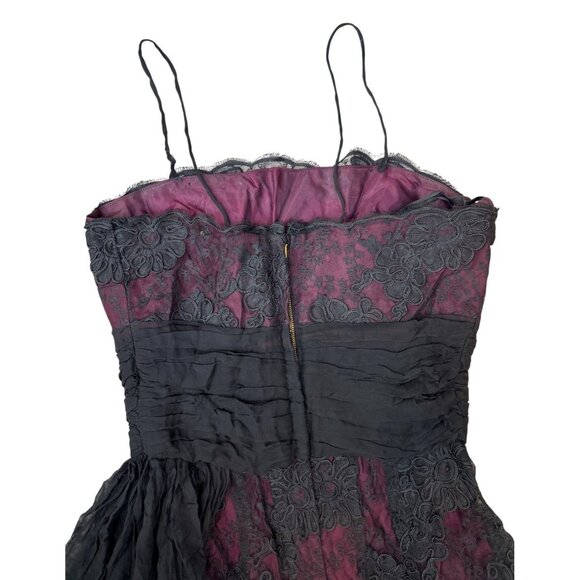 Vintage 50' s 60's Black Lace Overlay Burgundy Whimsygoth Crepey Delicate Floral - Picture 7 of 16